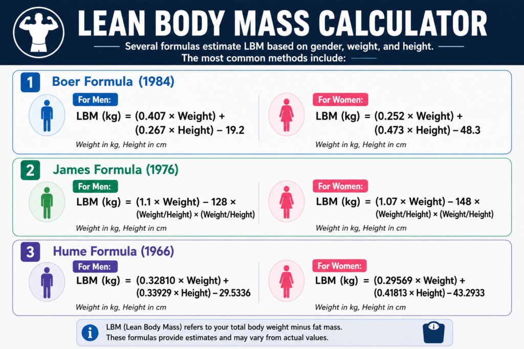 Lean Body Mass Calculator estimates the weight of your muscles, bones, organs, and water—excluding fat.